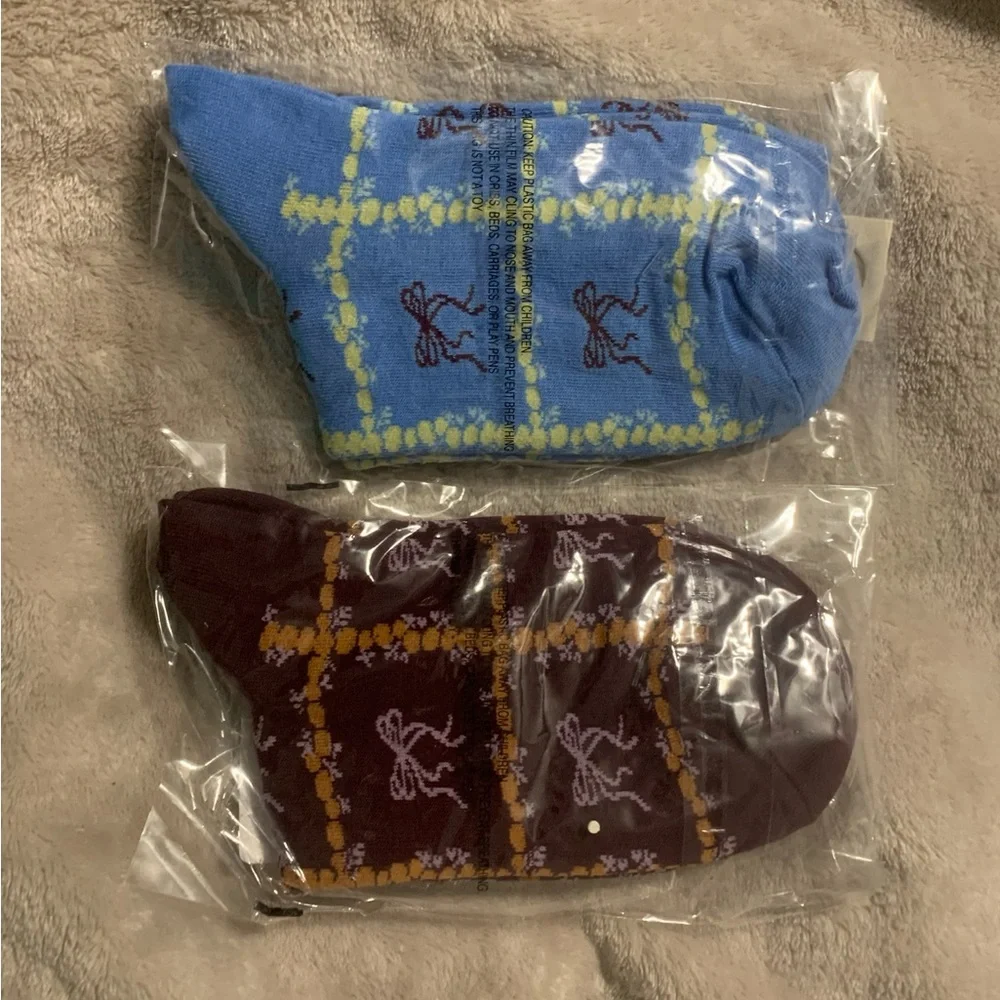 Free People Tie A Bow Set of 2 Crew Socks Blue Burgundy Knit Women’s NWT